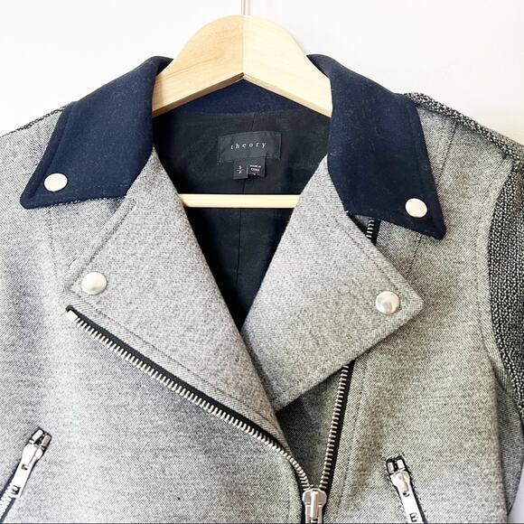 Theory Adashi K Moto Jacket Wool Blend Gray Black Navy Size Small - Picture 2 of 10
